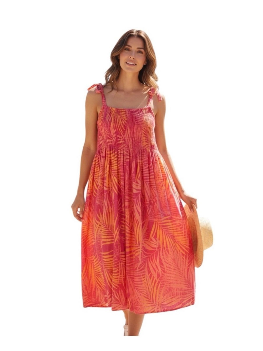 Beach lunch lounge Pink and Orange Tropical Tie-Shoulder Sundress